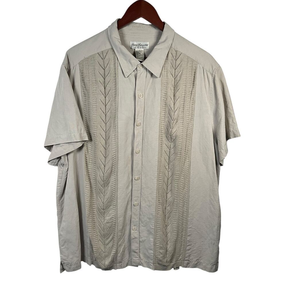 Norm Thompson Silk Linen Guayabera Shirt Neutral Embroidered Resort Button Up